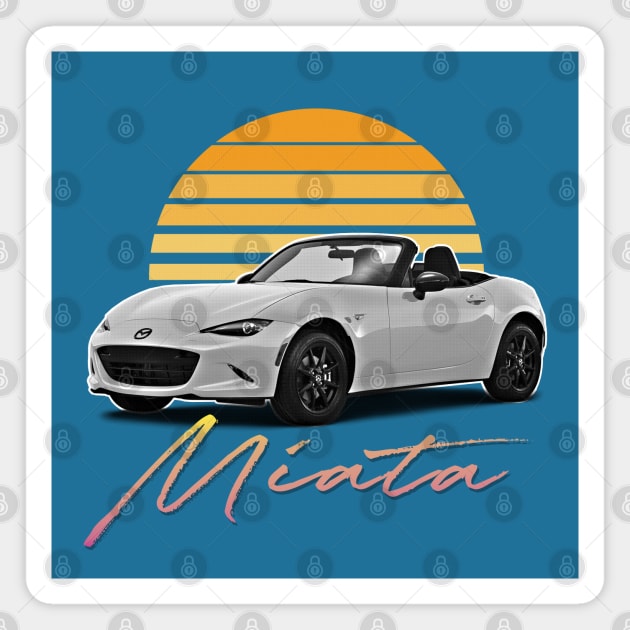 Mazda Miata (White) / Retro Style Sunset Design Magnet by DankFutura